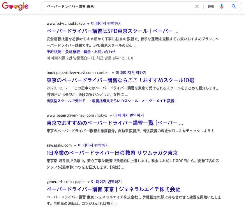 구글에서 [페이퍼 드라이버 교습 도쿄]로 검색한 화면